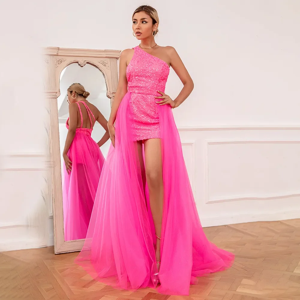 

2024 Elegant Shiny One Shoulder Short Prom Dresses with Detachable Train Hollow Back Sequin Homecoming Dress