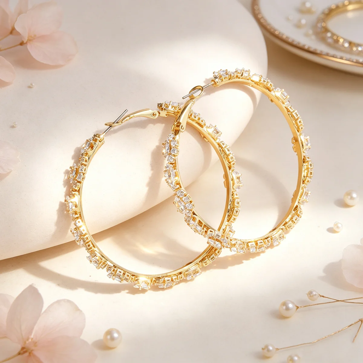 1 Pair of Gold-Plated Zircon Large Hoop Earrings for Women, Light Luxury, High-End, Fashionable and Versatile Earrings