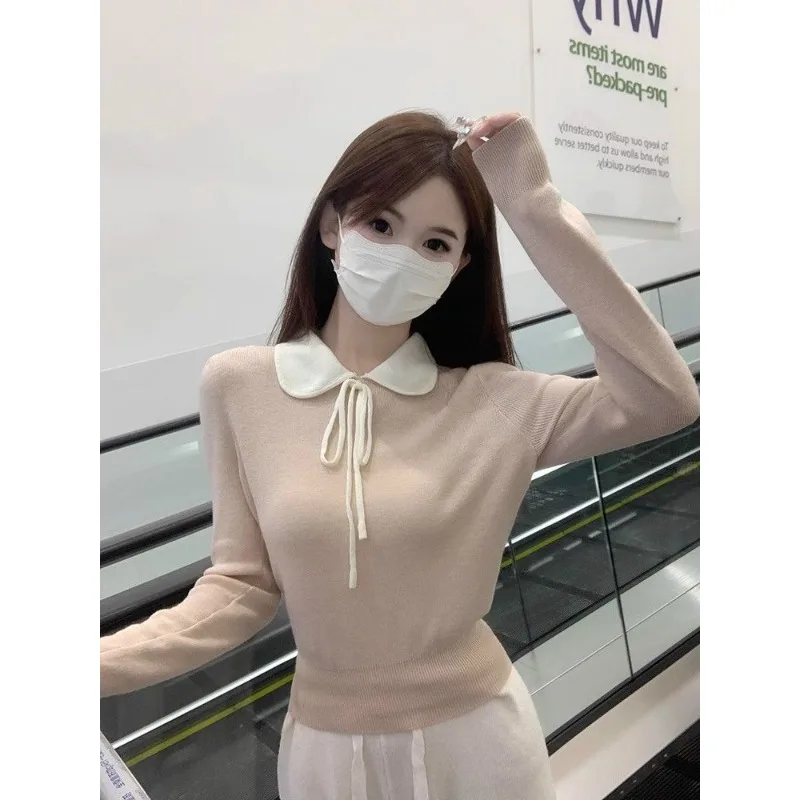 Bow Knitted Sweater Women Contrast Color Doll Collar Long Sleeve Base Top Blouse