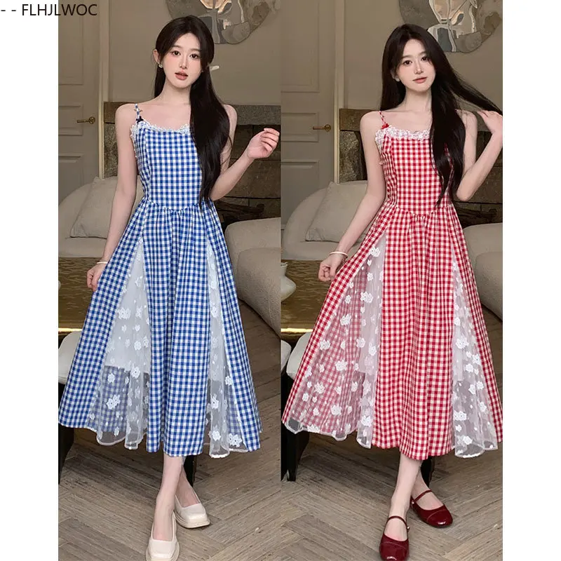 Vestidos a cuadros rojos de estilo francés, nuevo diseño, bonito y dulce para mujer, vestido sin mangas de malla transparente de encaje blanco con tirantes finos