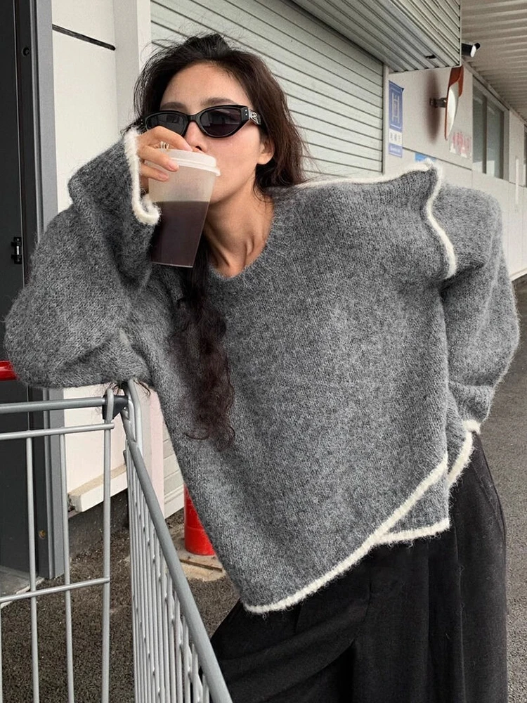 

Autumn Women's Sweater Pullover Patchwork Knitted Top Soft Long Sleeve Casual Knitwear Jumper Office Lady Warm Women O-neck Top