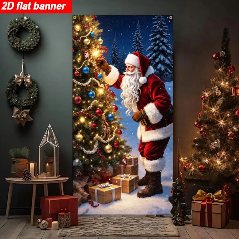 1 peça 2d plano natal/ano novo/inverno banner, representando vivamente o papai noel adora uma árvore de natal espumante, sem necessidade de energia