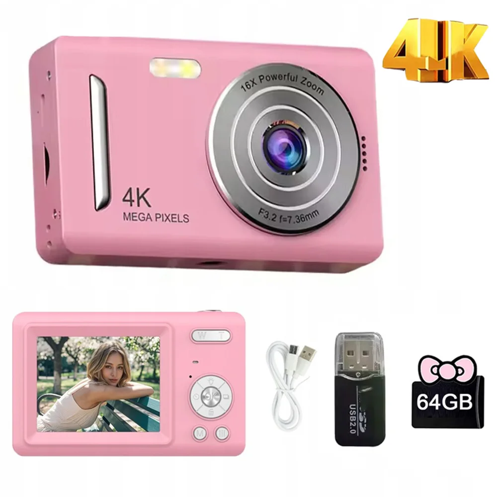 Fotocamera digitale 4K per bambini, HD 1080P, schermo LCD da 2,4 pollici, 44 MP, fotocamera ricaricabile con zoom 16x, fotocamera compatta per principianti, con scheda di memoria da 64 GB.