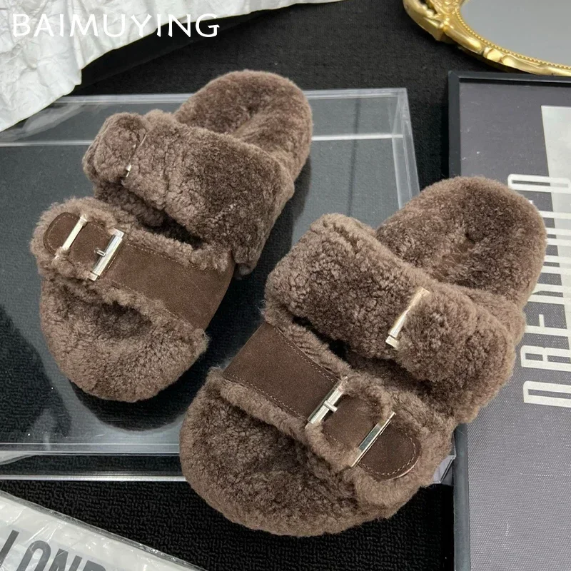 Fur Flats Platform Women Slippers Fashion Plush Cotton Shoes Winter 2024 Trend Designer Casual Thick Cozy Woman Zapatos De Mujer