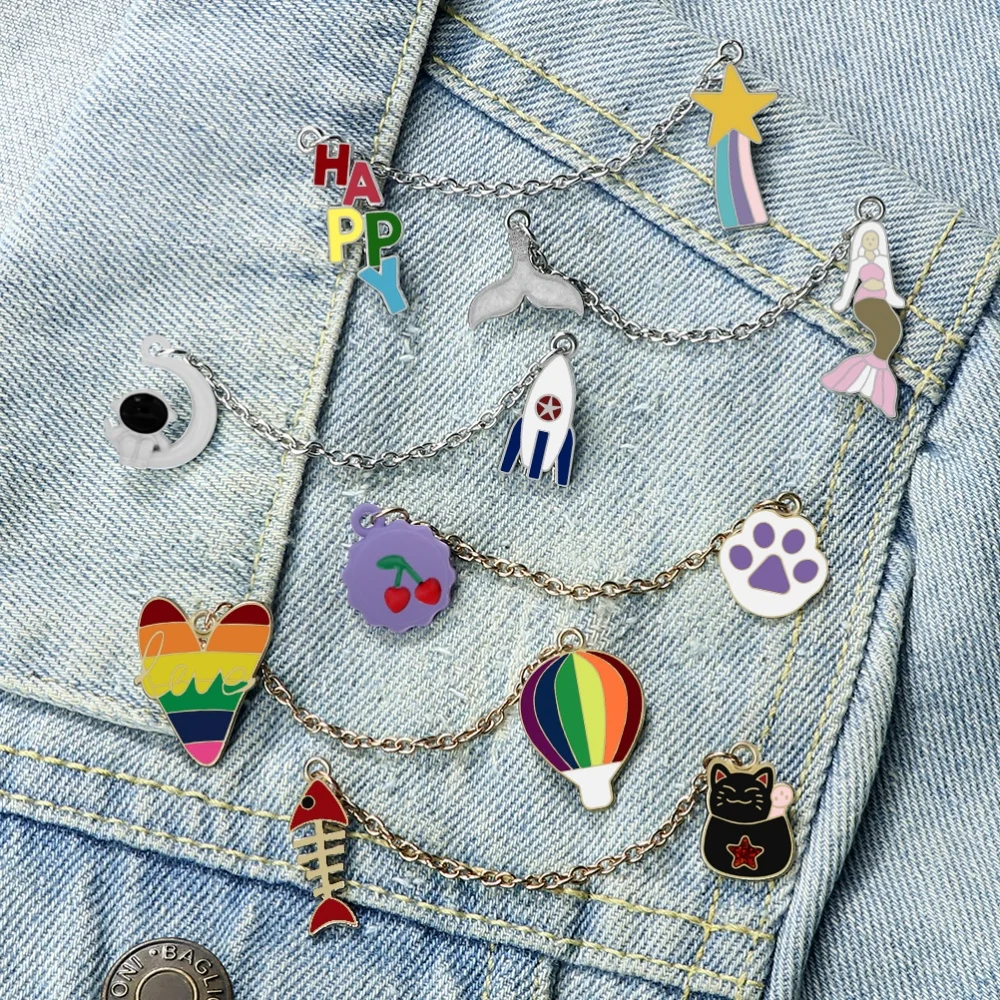 Various Custom Enamel Pins Creative Cartoon Brooch with Chain Unique Decorative Clothes Bags and Hats Accessories Gifts for Kids
