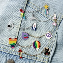 Various Custom Enamel Pins Creative Cartoon Brooch with Chain Unique Decorative Clothes Bags and Hats Accessories Gifts for Kids