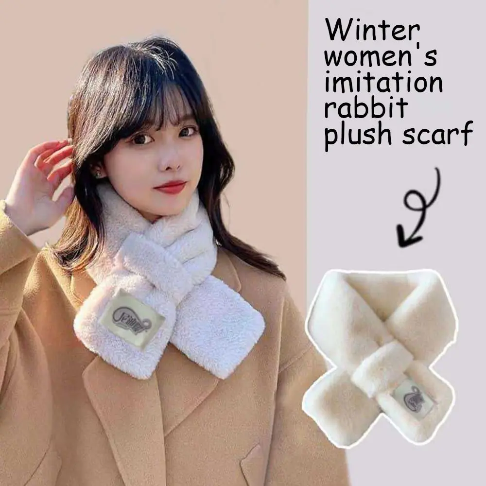 

Fashion Thicken Warm Faux Fur Winter Scarf Soft Plush Cross Shawl Scarves Cold-proof Windproof Neck Collar Warmer for Women