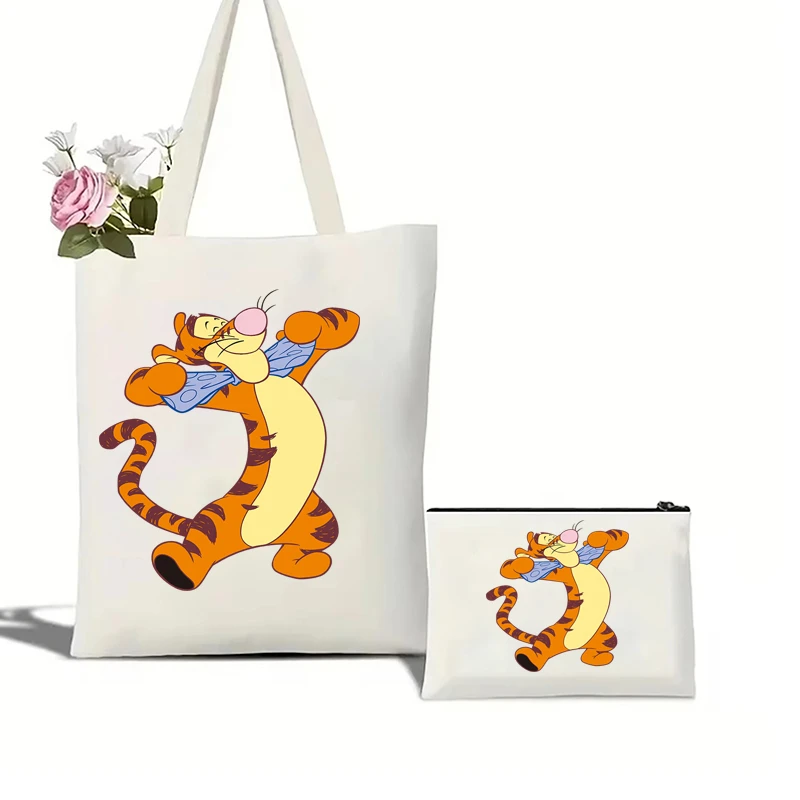 MINISO Disney Patch Tigre Tigrou Tote Bag Large Capacity Shopping Bag Lightweight Shoulder Handbag Printed Casual Handbags