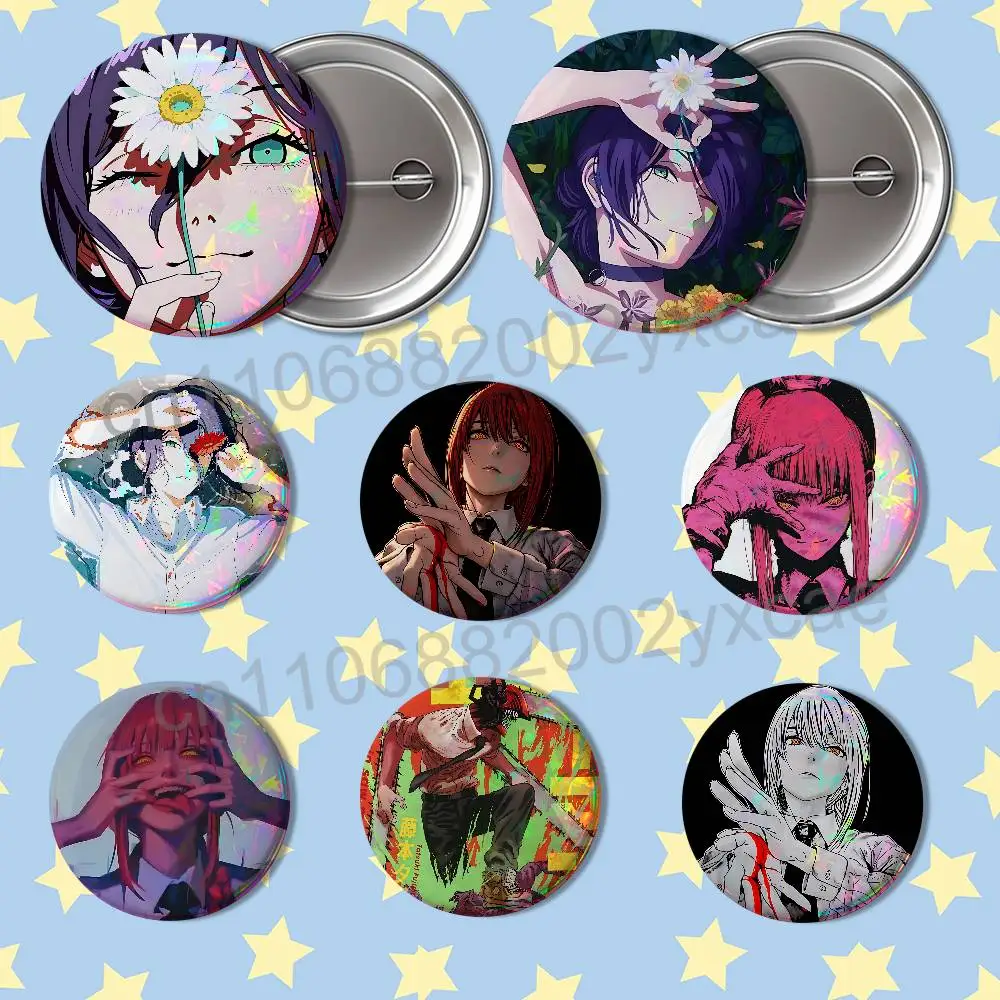 Mature woman Reze Makima Chainsaw Man  Reflective Pin Tinplate Round Brooch Cartoon Cosplay Badges for Bag Hat Toys Gifts