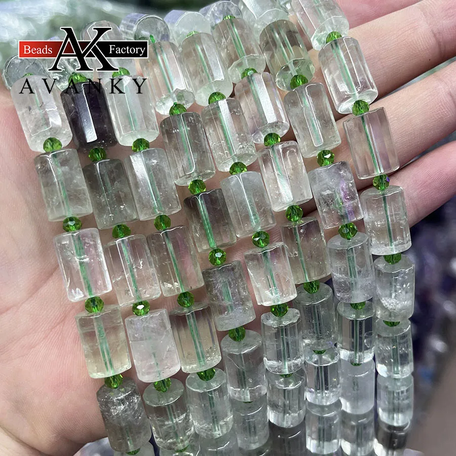 Natural Crystal Green Ghost Cylindrical Section Stone Loose Beads For Jewelry Making DIY Necklace Bracelet 15''10-15mm