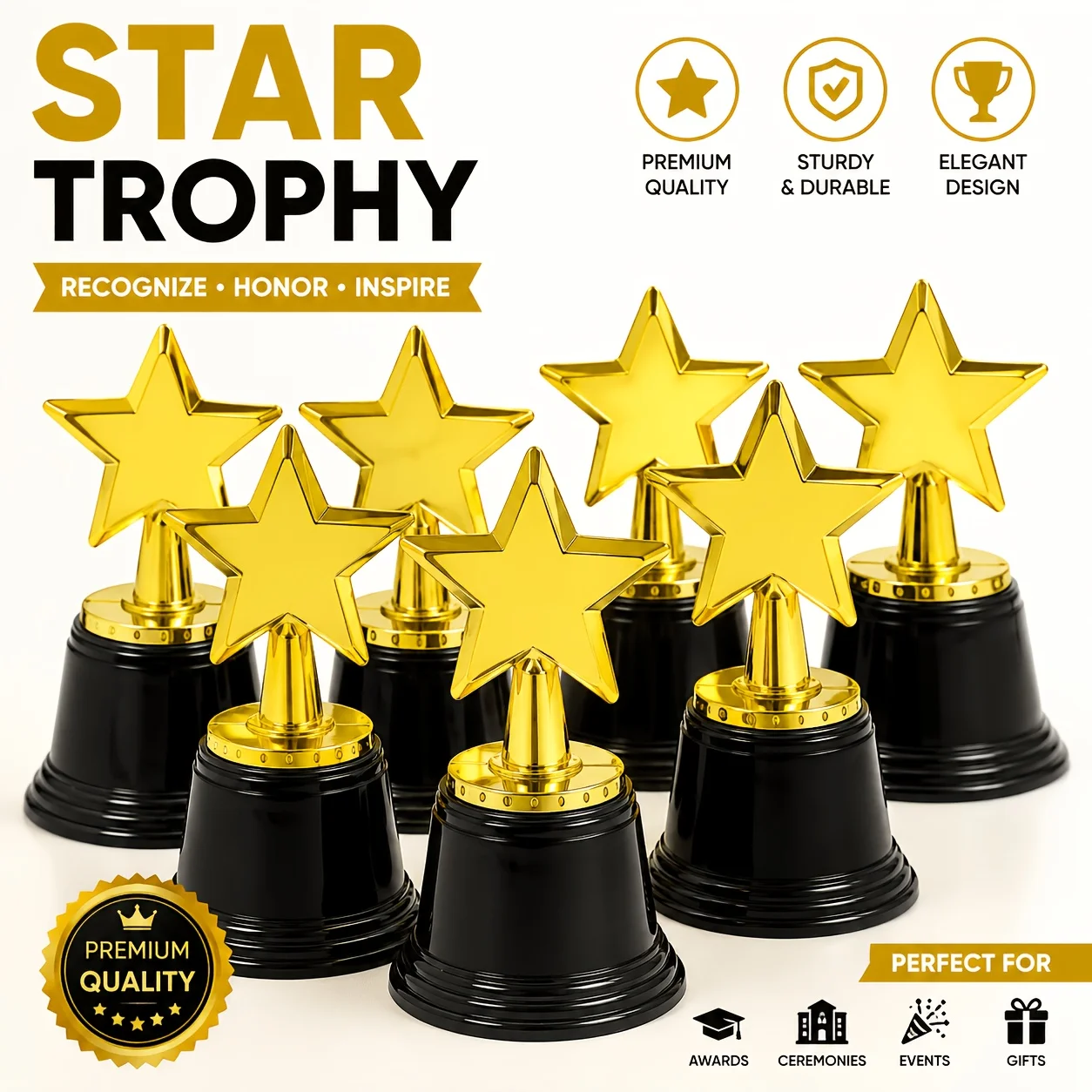 Mini trophées étoiles à cinq branches en plastique doré, 12 pièces, pour enfants, salle de classe, école, fêtes, sports