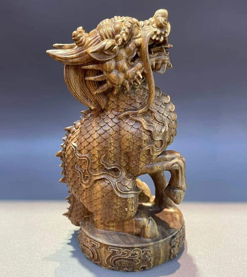 YZ345 - 12.1 x 6.2 x 5 CM Green Sandalwood Carved Figurine: Kylin Baby Dragon