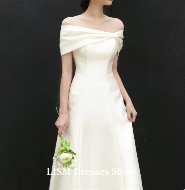 LISM Simple Off Shoulder A-Line Korea Wedding Dresses Corset Back Customized Long Elegant Bridal Gowns 결혼식 드레 Photo Shoot Satin