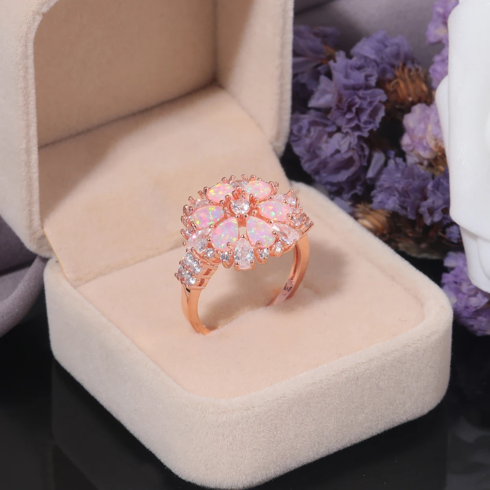 CiNily Lavish Large Pink Fire Opal Rings With Stone Rose Gold Color Clear Crystal Flower Flora Cherry Blossom Jewelry Woman Girl