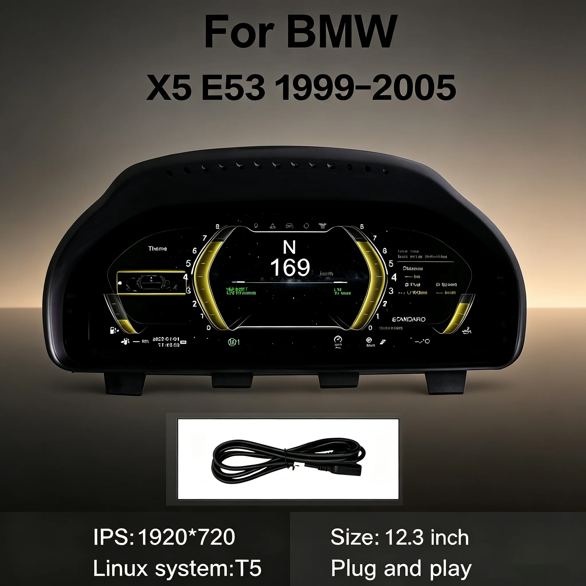 12.3 Inch LCD Instrument Cluster For BMW X5 E53 1999‑2005 Digital Cluster Virtual Cockpit Dashboard Head Unit Android Auto
