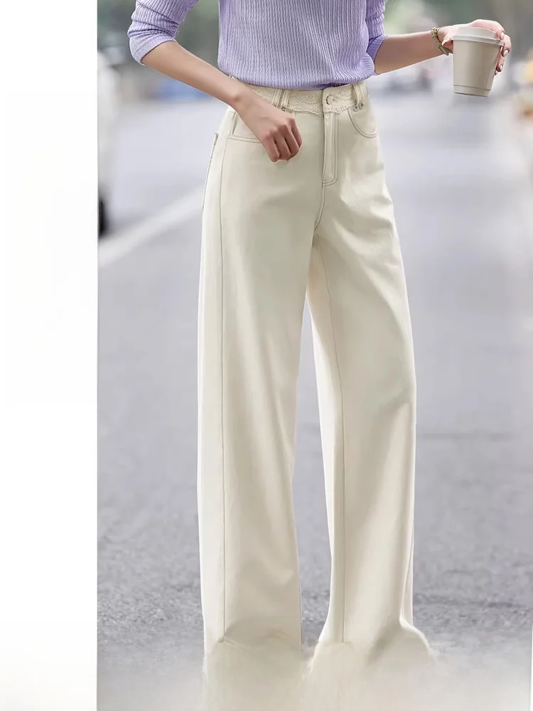 

High Waist Straight Leg Women's Jeans 00% Cotton Waed Denim Lace Waist Design Commute Spring Faion Casual Trousers