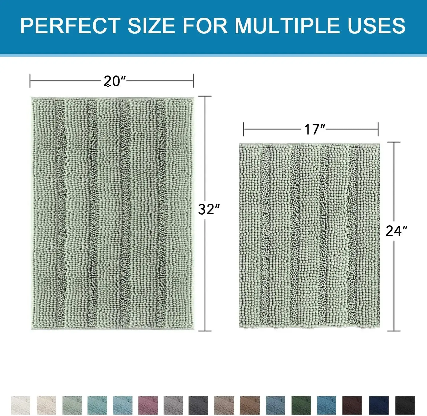 Sage Bathroom Rugs Set of 2 Extra Thick Chenille Striped Shaggy Bath Mats for Bathroom Floor Non Slip 32x20 and 24x17 Inches