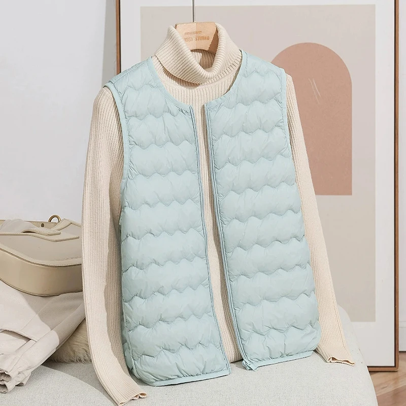 Schinteon 女性の 90% 軽量ホワイトダックダウンベストノーカラー秋冬ライナートップ 2025 新しいノースリーブジャケット