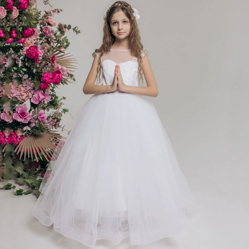 

White Flower Girl Dresses Tulle Flory Appliques Sleeveless For Wedding Birthday Party Banquet Princess Gown