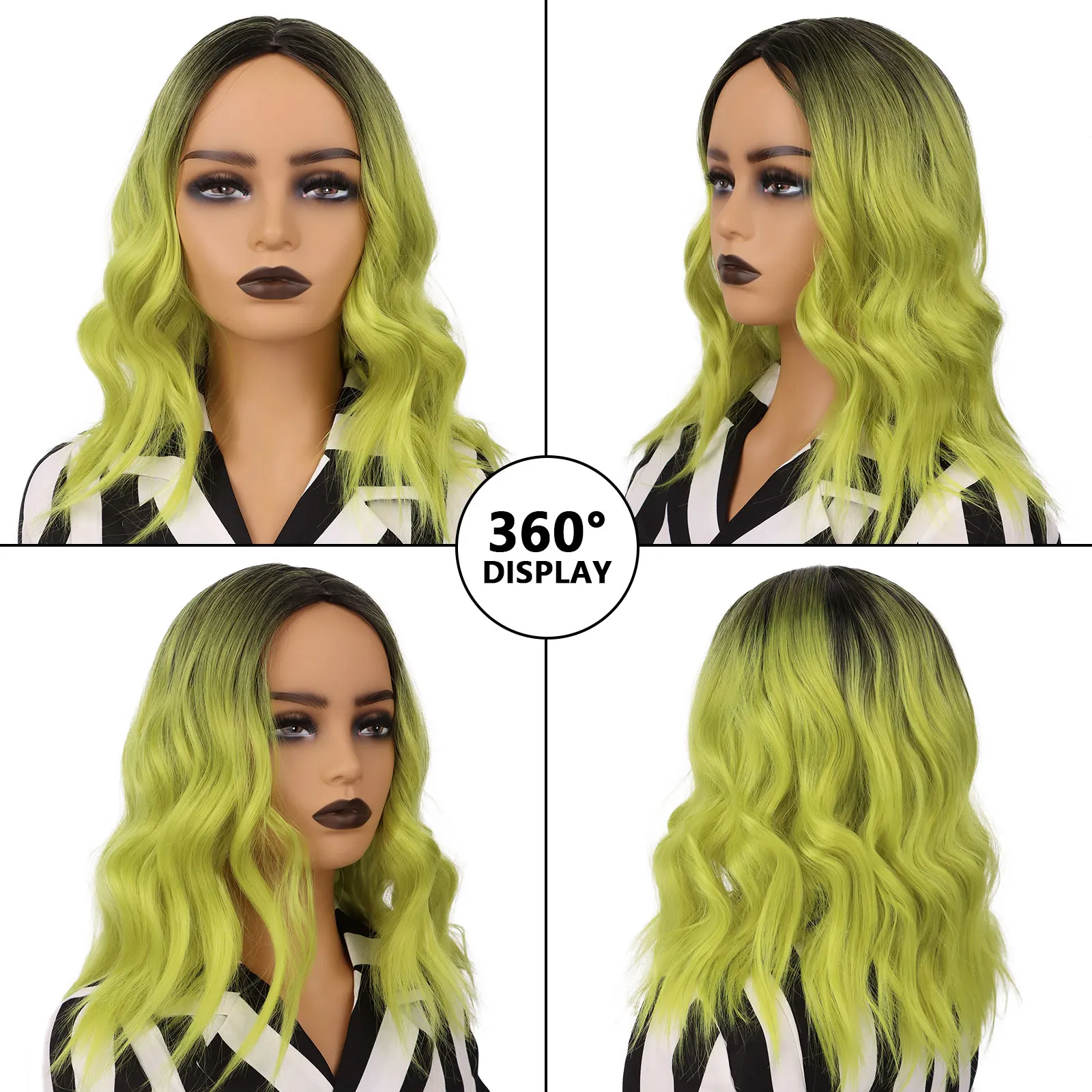 Ombre Green Curly Bob Wigs for Women Short Wavy Curly Dark Roots Heat Resistant Synthetic Colorful Bob St.Patrick\'s Day Party