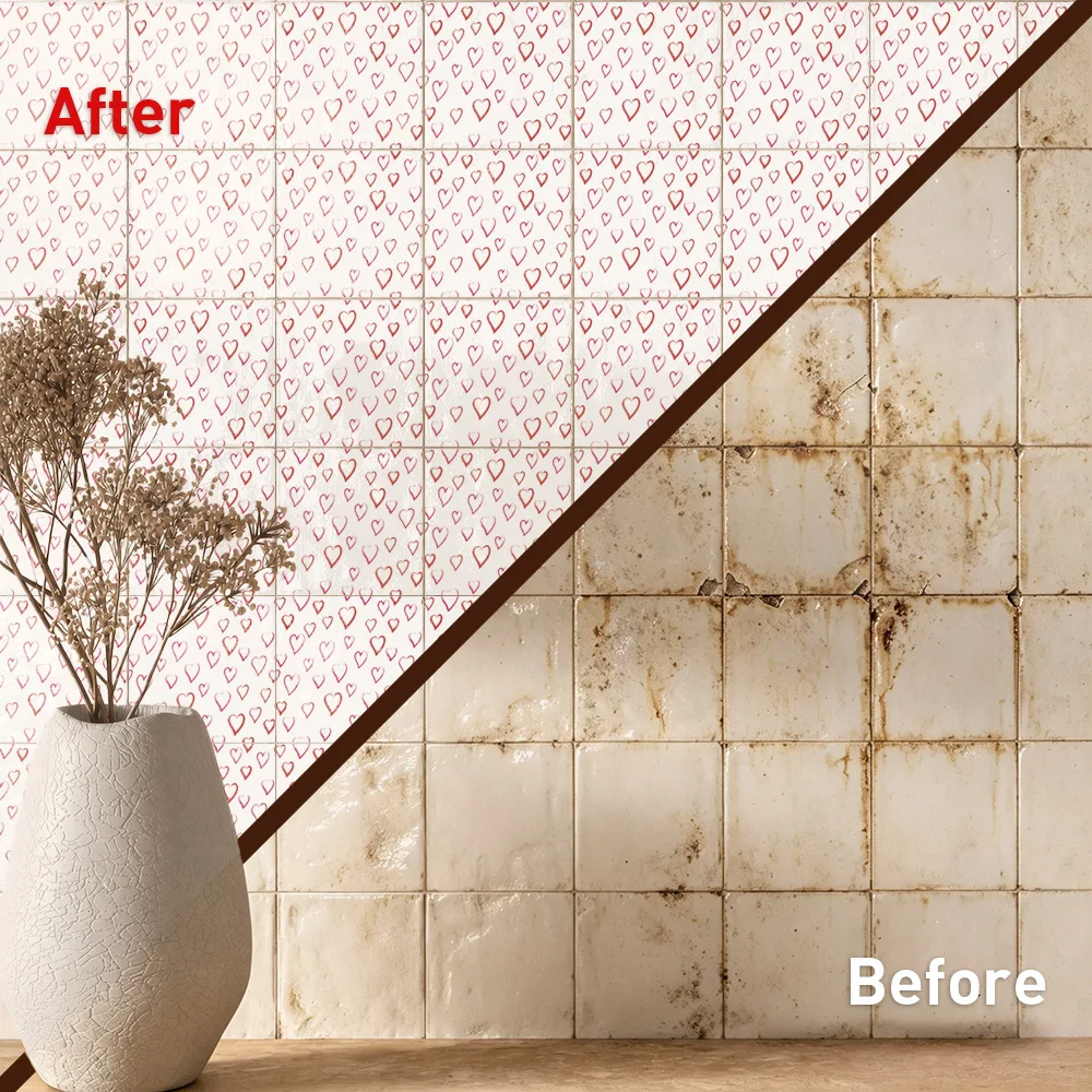 Cherry Blush Tile Stickers Waterproof Peel and Stick Self Adhesive Oil Proof Backsplash Decals Floral Wallpaper for Tasting Room
