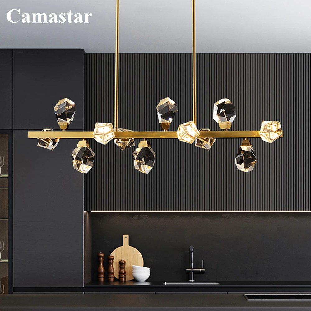 

Linear Brass Chandelier Lighting LED Dimmable Clear Cut Crystal Dining Room Light Fixture Diamond Cristal Kitchen Island Lamps