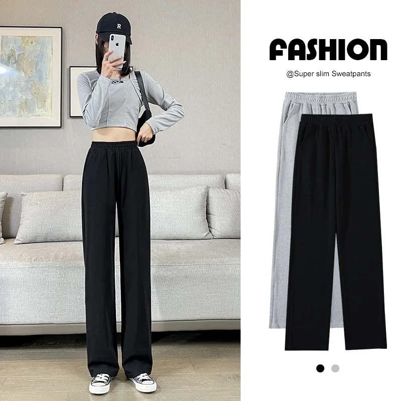 Pantalones deportivos de pierna ancha para mujer, pantalón de chándal informal de cintura alta, color negro y gris, moda coreana, Primavera, 2022