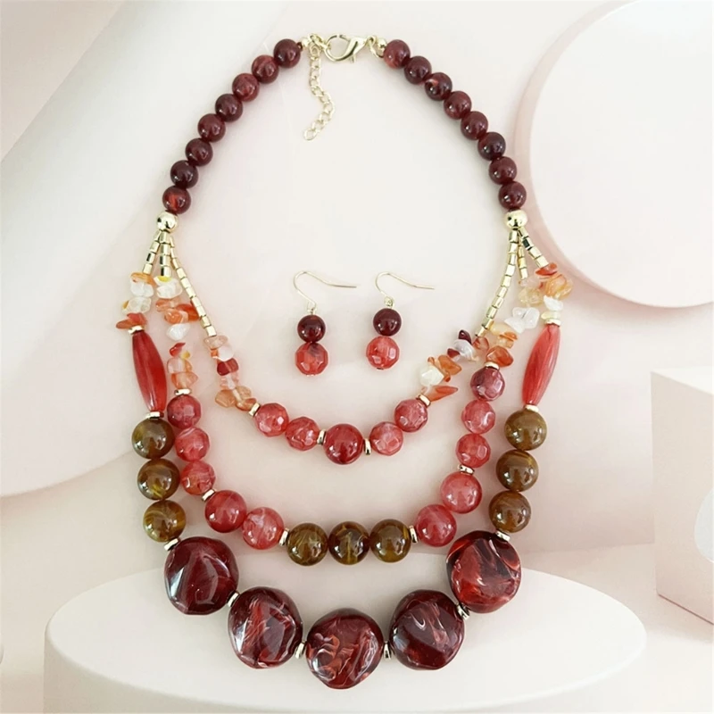 Fashion Forward Layering Acrylic Bead Necklace with Ear Pendants Earrings Set For Women’s Everyday Enhancement