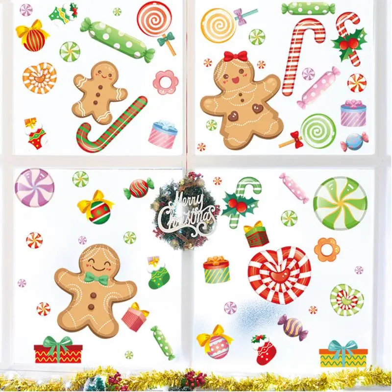 Christmas Window Clings Static Glass Stickers Gingerbread Pattern PVC Decals Window Clings For Home School And Offices Holiday