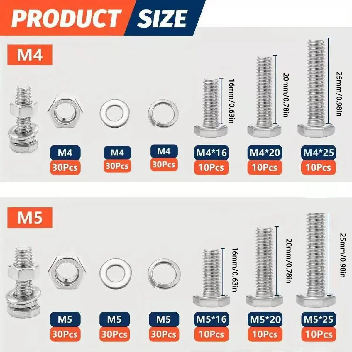 240 قطعة 304 سداسية من الفولاذ المقاوم للصدأ الترباس والجوز مجموعة موضوع كامل M4 M5 صواميل سداسية مع غسالات للحرف اليدوية والمشروعات المنزلية #2
