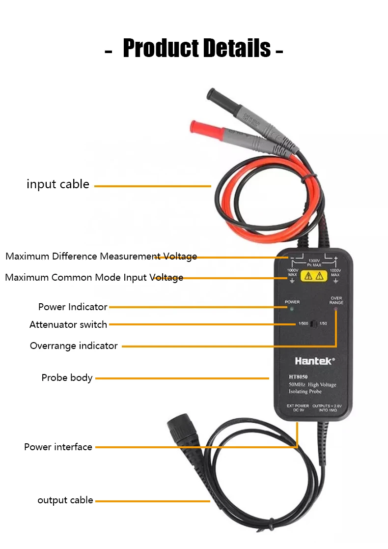 Hantek HT8050 / HT8100 Oscilloscope Probe High Voltage Differential Probe, 50MHZ-100MHZ Bandwidth