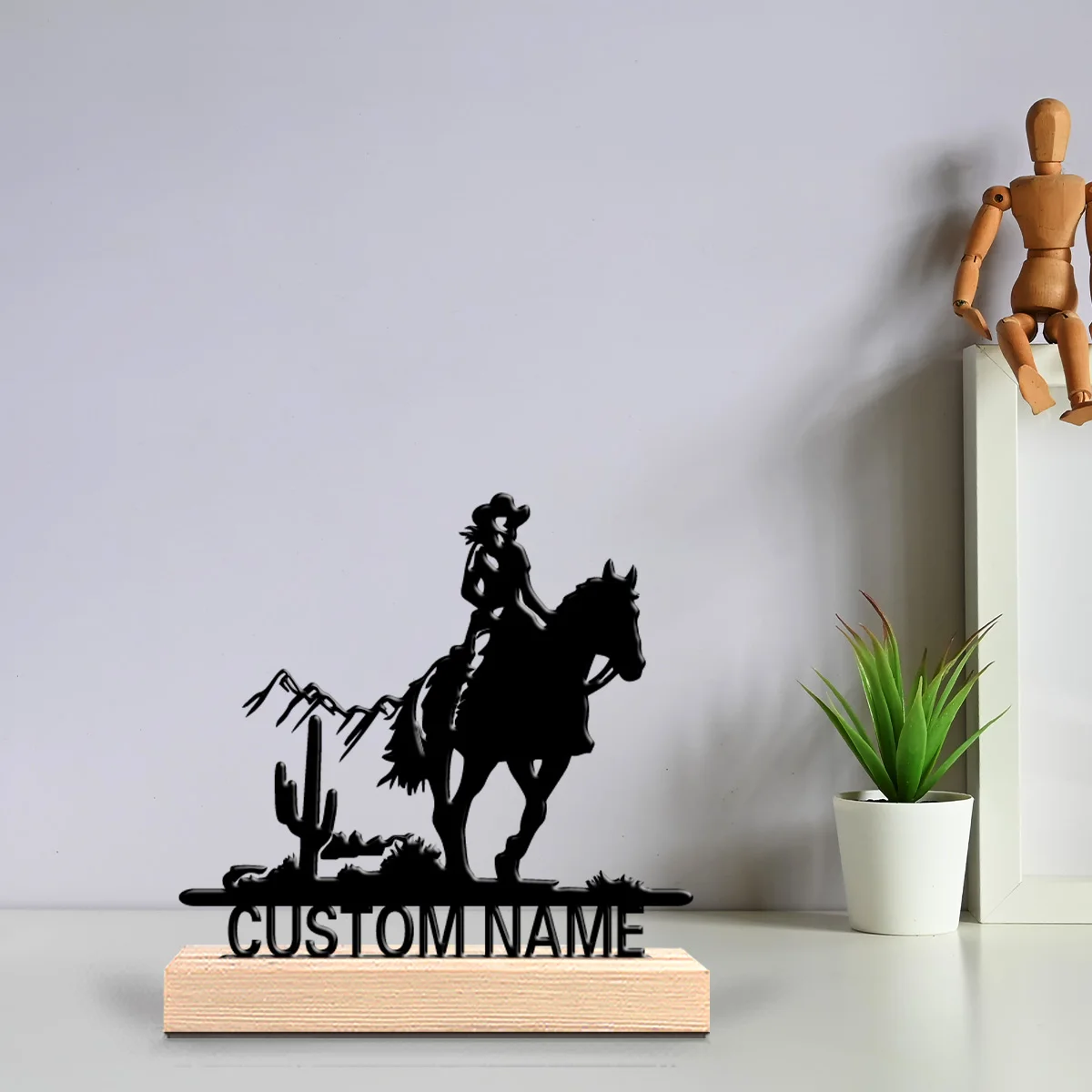 1pc Creative cowboy Personalized Name Metal Statue Iron Ornament Handicraft With Wood Base Tin Sculpture Home Table