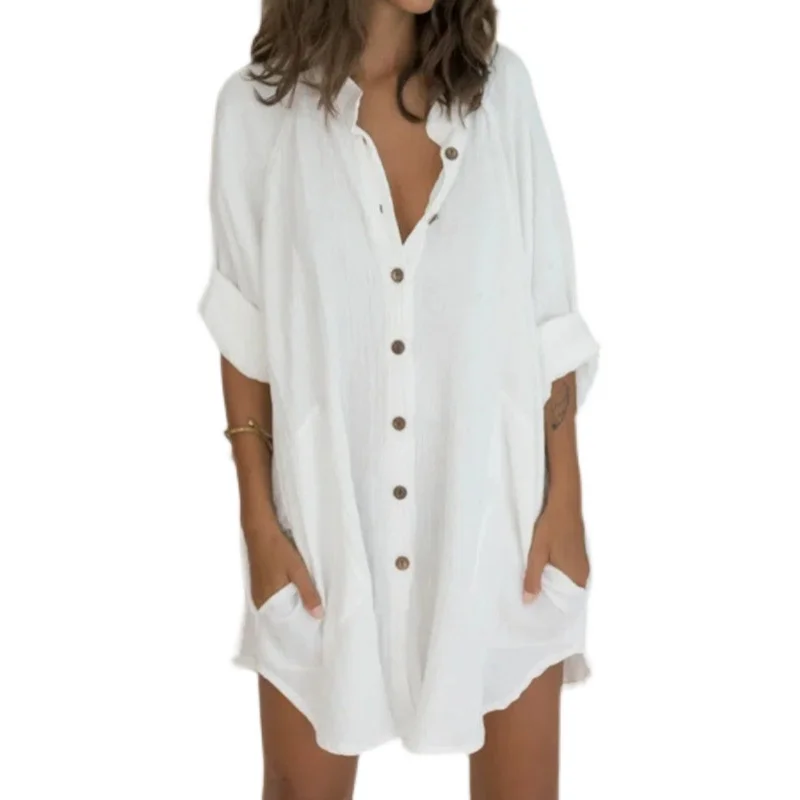 

Faion Women's Casual Blouse Dr M3XL Summer Cotton irt V-ne ort Sve Button up Mid-length Straight Cut Top