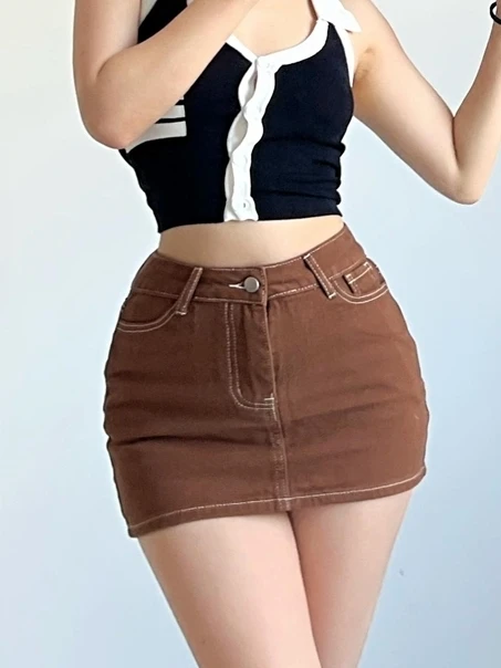 2024 Summer New European American Style Women's Retro Bright Thread Mid Waist Cowboy Short Skirt Wrap Hip A-line Skirt 33OP