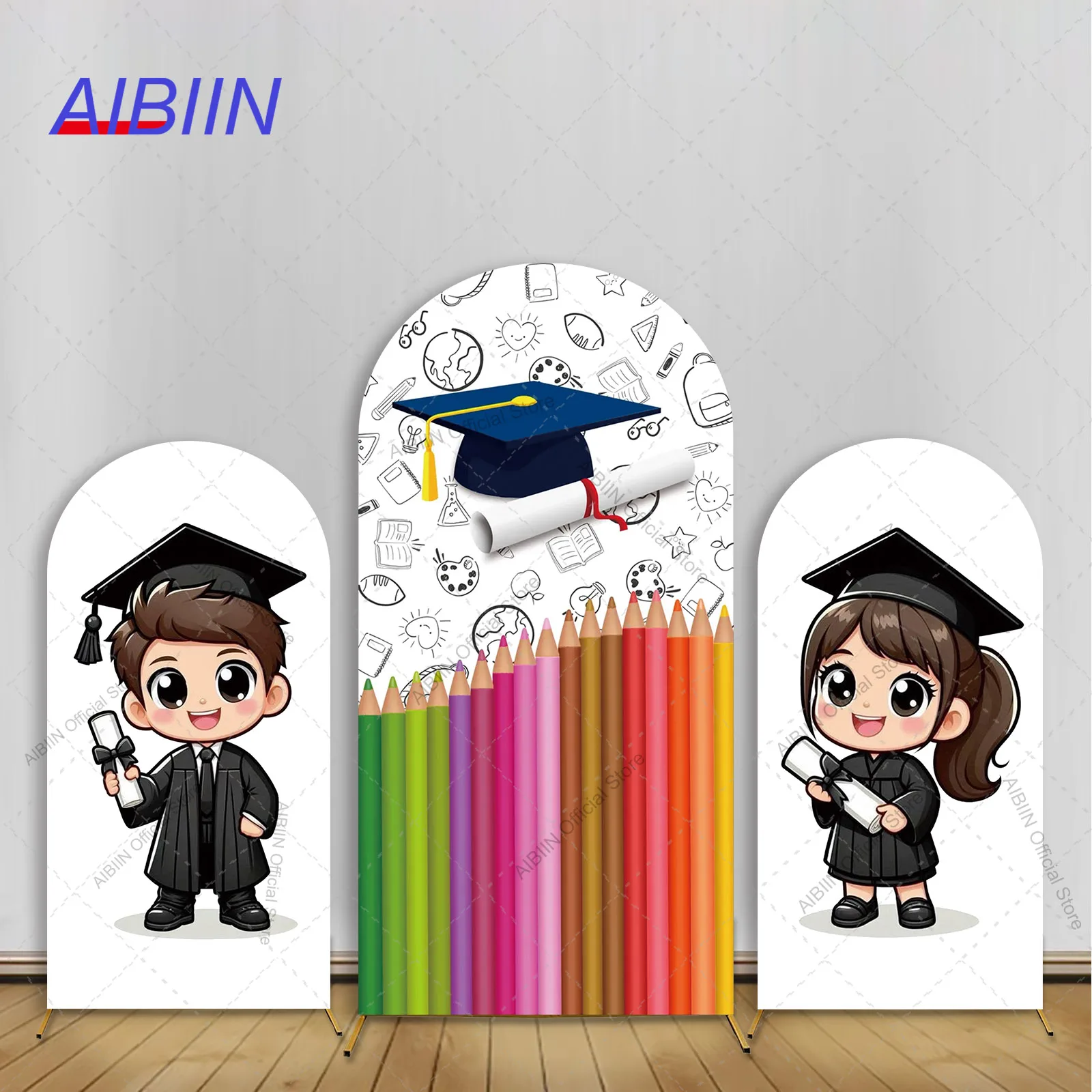 Menino ou menina pré-escolar jardim de infância graduação arco pano de fundo capa diploma chapéu lápis colorido parabéns grad festa decoração