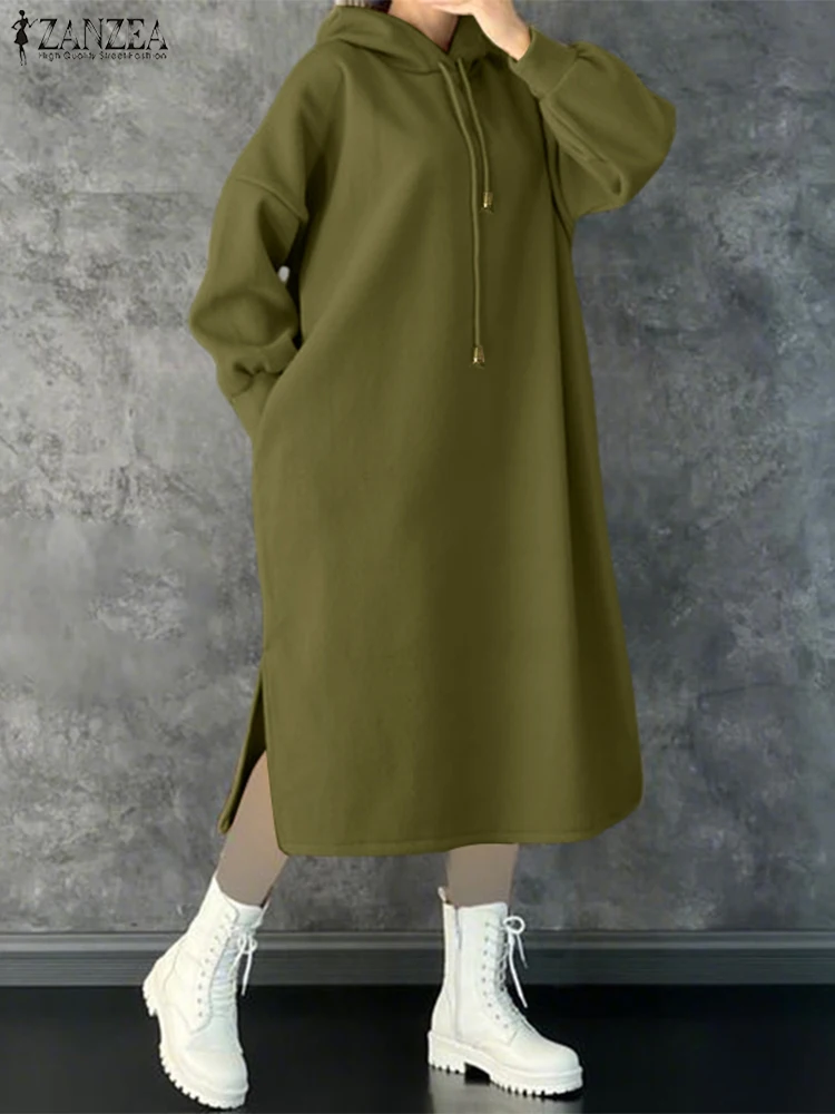 حجم كبير 5XL ZANZEA المرأة موضة البلوز فساتين الخريف طويلة الأكمام مقنعين رداء الصلبة جيوب فضفاضة غير رسمية طويلة Vestidos