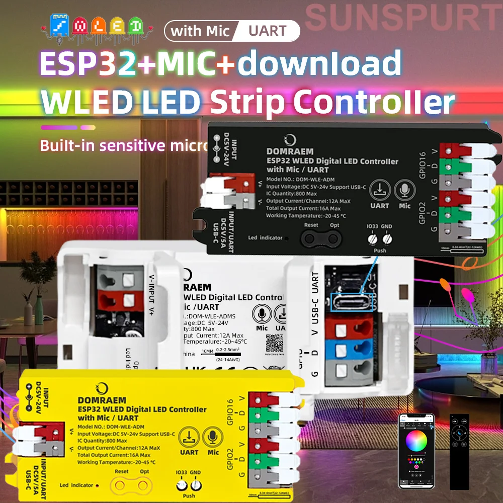 

1-10PWM ESP32 WLED Addressable LED Strip Controller Mic DIY Dynamic Lighting UART USB-C Download Energy Saving Relay App Control