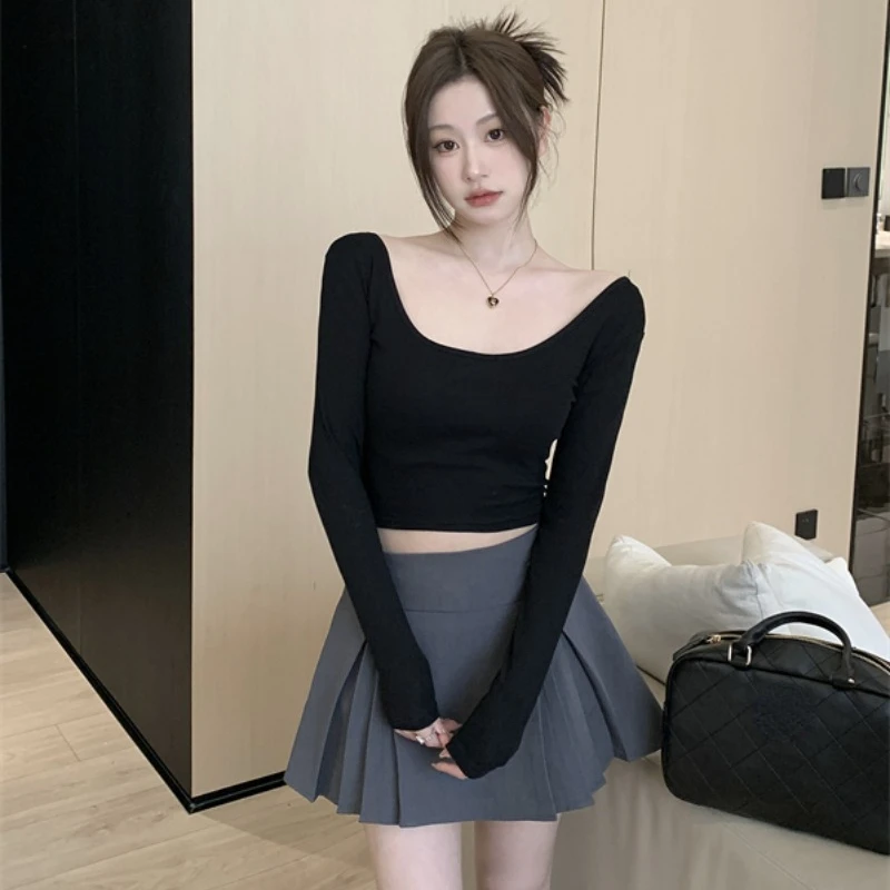 Spring Skirt Sets Women Solid Color Slim Thin Long-sleeved Bottom Tops + High Waist A-line Pleated Skirts Two-piece Set Female