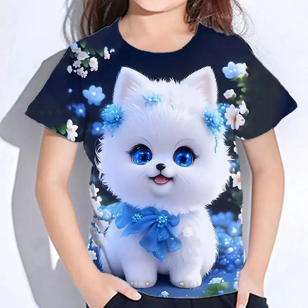 Tops For Children Short Sleeve Summer Cat T Shirts Girl Kids Clothes 3d Print Tee Shirts Korean Kawaii T-Shirts From 10-14 Years