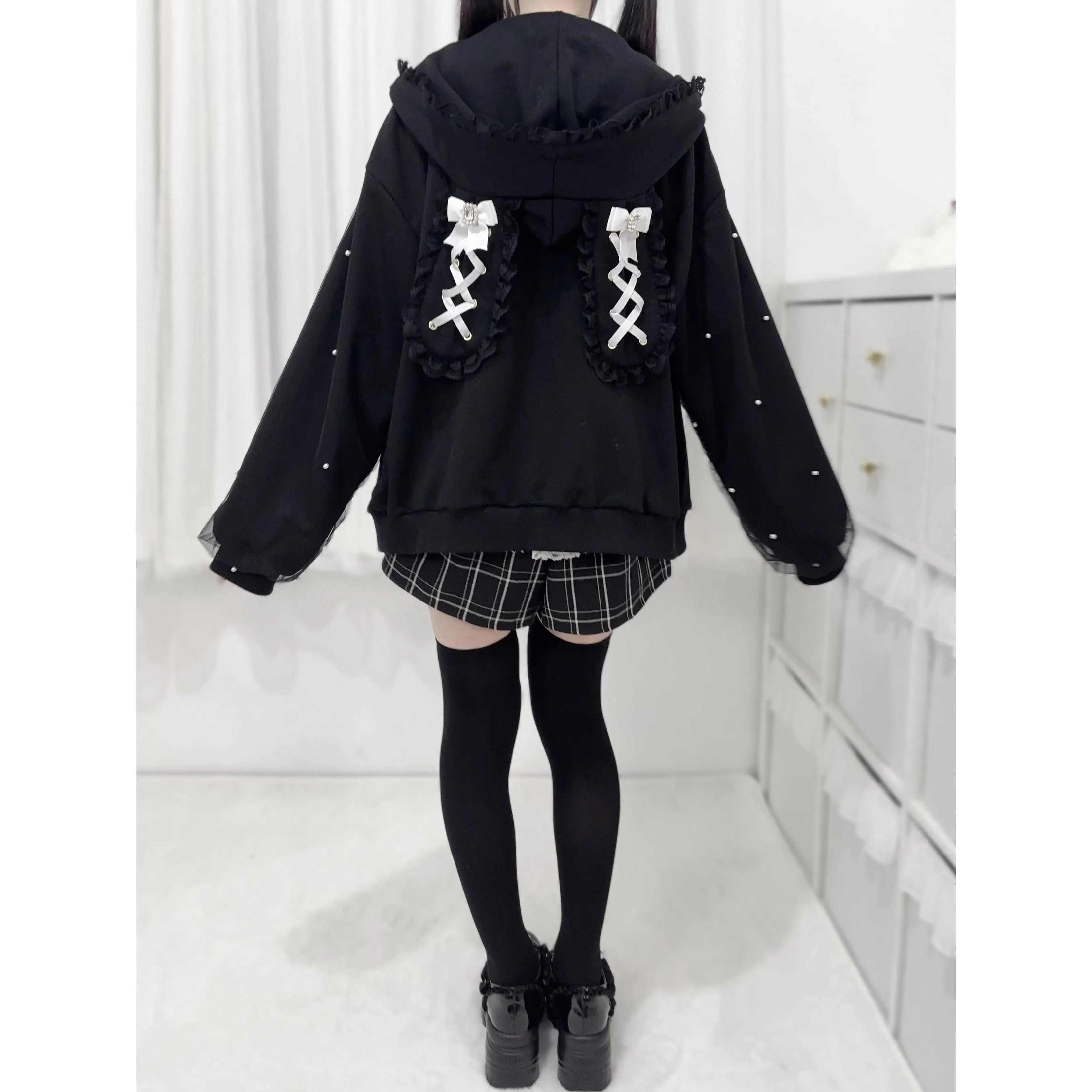 Japanese Mine Style Subculture Lace-up Rabbit Ears Hooded Bow Pearl Long Sleeve Loose Kawaii Y2K Sweatshirt Jackets Women Winter