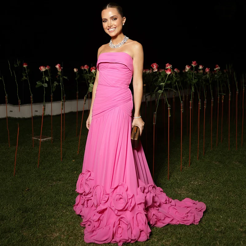 

Sumnus Elegant A-Line Hot Pink Evening Dress Floor Length Sleeveless 3D Flowers Formal Dresses فساتين سهرة Customized