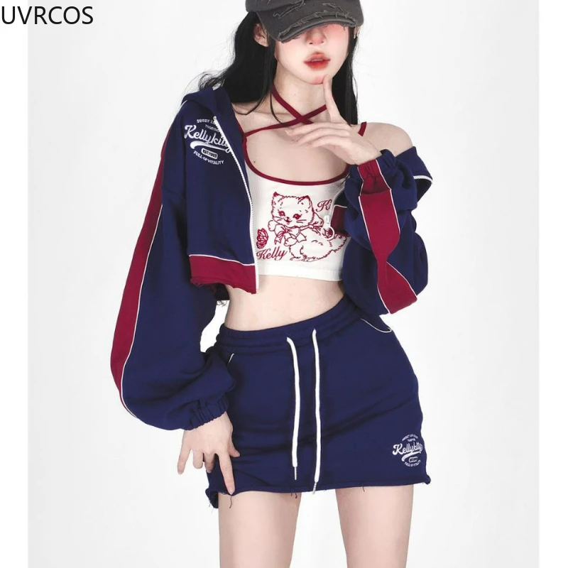 Autumn Sport Fashion 3 Piece Set Casual Print Vest Gothic Crop Tops Coat Slim Bodycon Mini Skirt Japanese Style Y2k Clothes Suit