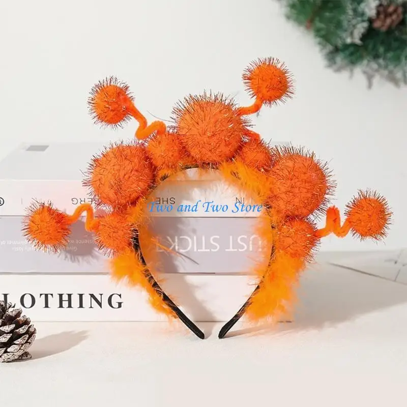 

HX6F Меховая повязка на голову с дьяволом на Хэллоуин, помпоны ручной работы, обруч для волос, костюм, головной убор