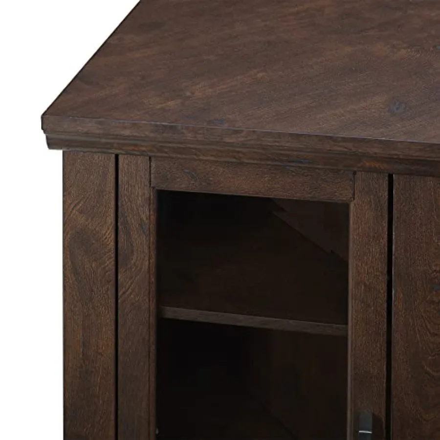 Traditioneller brauner Eck-TV-Ständer mit Glastüren für Kamine, ideal für Wohnzimmer und Medienräume, bietet Platz für Fernseher bis zu