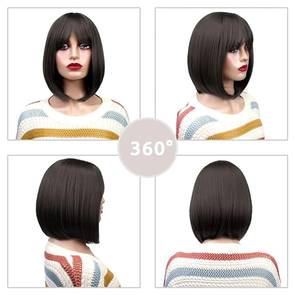 Peruca Bob Direto Curto com Bangs, Perucas Glueless, 100% Cabelo Humano, Preto Natural