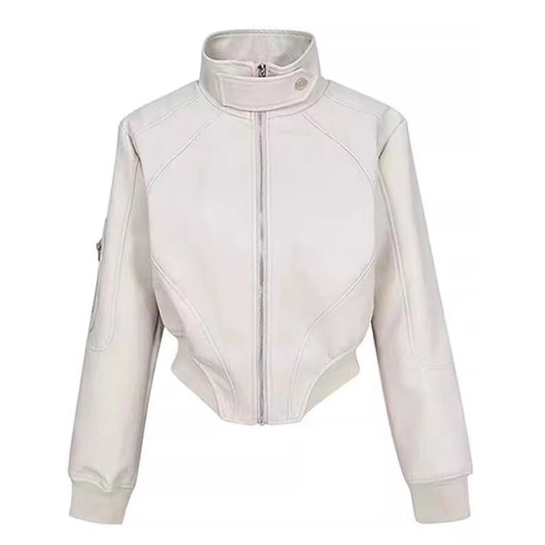 Giacca corta da donna in pelle PU bianca nuovo stile retrò premium primavera autunno design con cerniera senso cappotto in pelle da motociclista alla moda