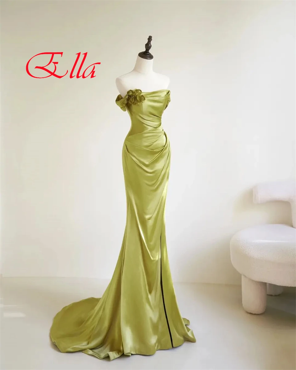 Customized Exquisite Green Satin Evening Dress Delicate Strapless Off the Shoulder Sleeveless Zipper Back Special Occasion Gowns
