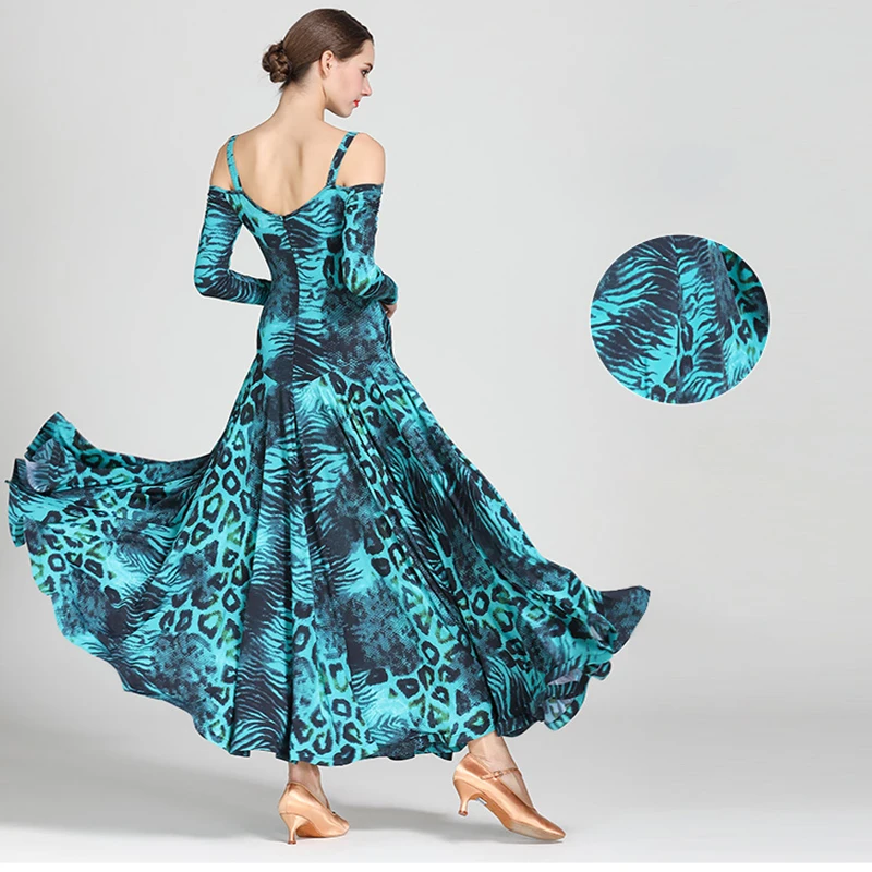 Dance Dresses Standard Competition Dresses Leopard Print Long Dress Red Practice Dancewear Yellow Spaghetti Straps Printed Blue