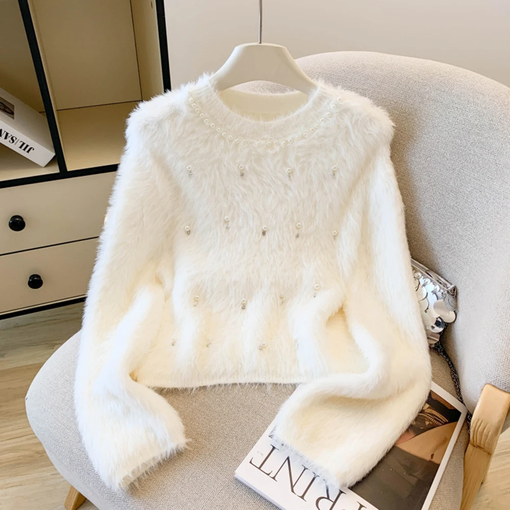 Pearl Embellished Knitted Sweater Women's Autumn Winter Luxury Soft Faux Mink Fur Pullover Warm Casual High-Quality Tops