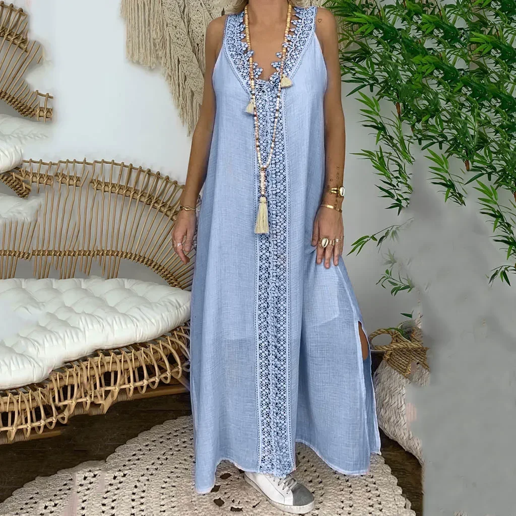 2025 été nouvelles dames vêtements femmes lâche sans manches dentelle épissure robe concepteur décontracté élégant blanc robes féminines